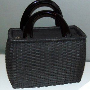 PUTU by J. MacLear Handmade Black Woven Basket Purse Handbag Wood Handles